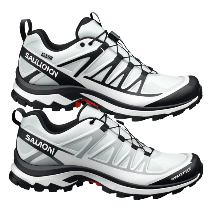 White Salomon XT-6 Gore-Tex sneakers as a pair with one shoe positioned behind the other, iOS emoji style, featuring trail running design with zigzag overlays and aggressive sole sticker
