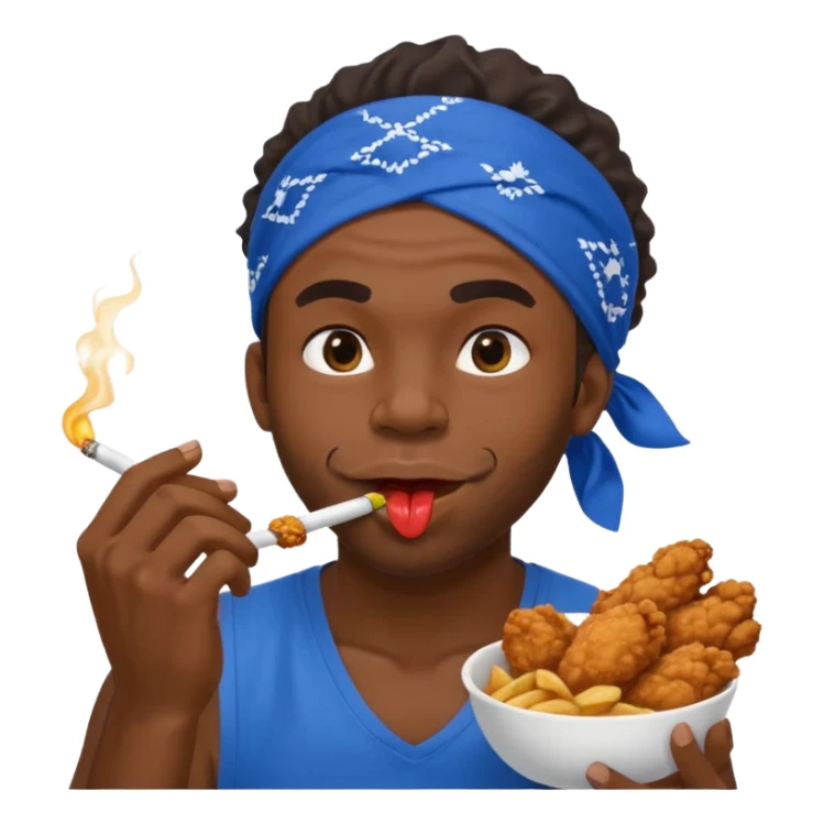 black man eating fried chicken with blue bandana and cigarette in teeth. Create this emoji in apple emojis style sticker