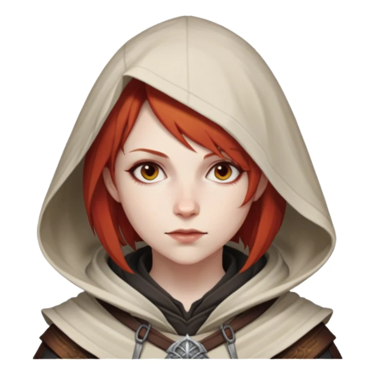 Leliana from Dragon Age with short red hair and hood sticker