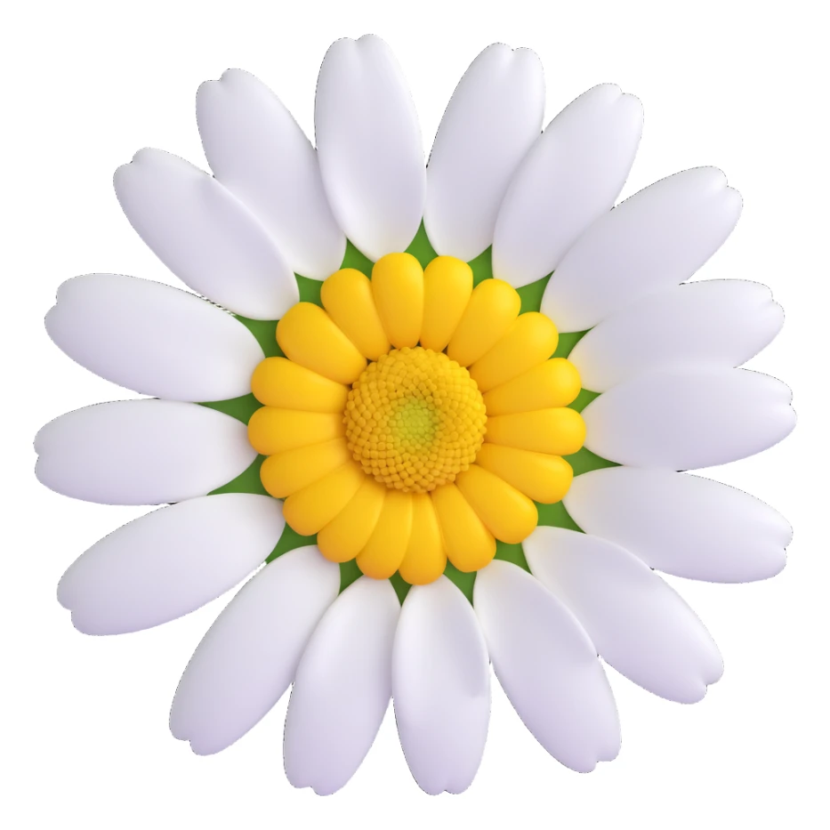 3D iOS emoji style, close-up daisy, glossy effect, white petals, yellow center sticker