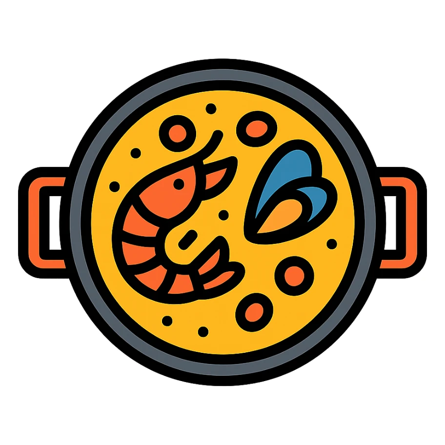 a Spanish paella pan with seafood and saffron rice, color outline icon style sticker
