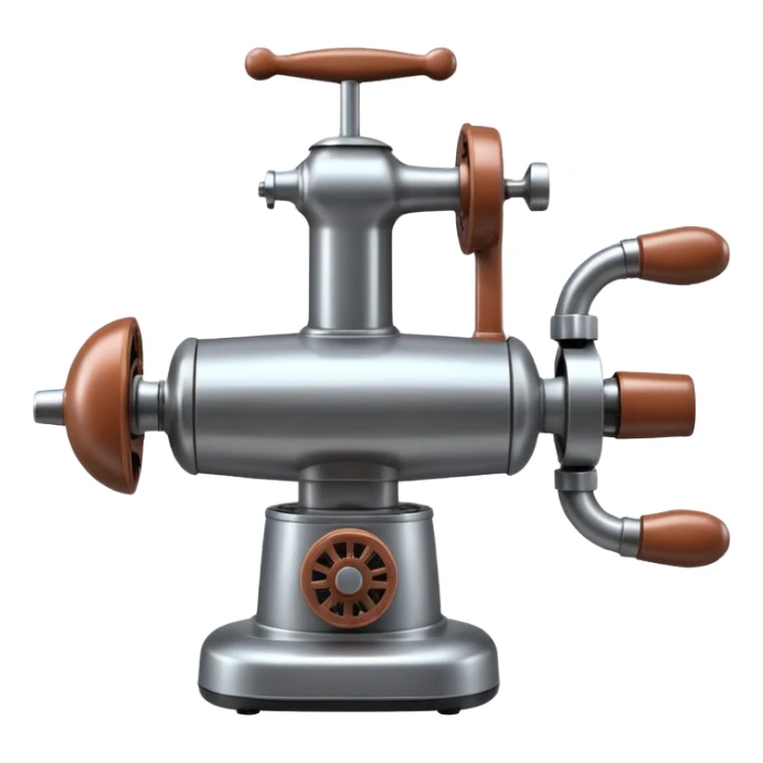 sausage-processing droid. retro-futuristic style. top is a circular industrial meat grinder with rotating gears and blades. Two robotic arms feed material into grinder. Sausage links extrude from the rear like  factory. The body is metallic, compact, and floats above the ground.no legs. Dark humor sticker