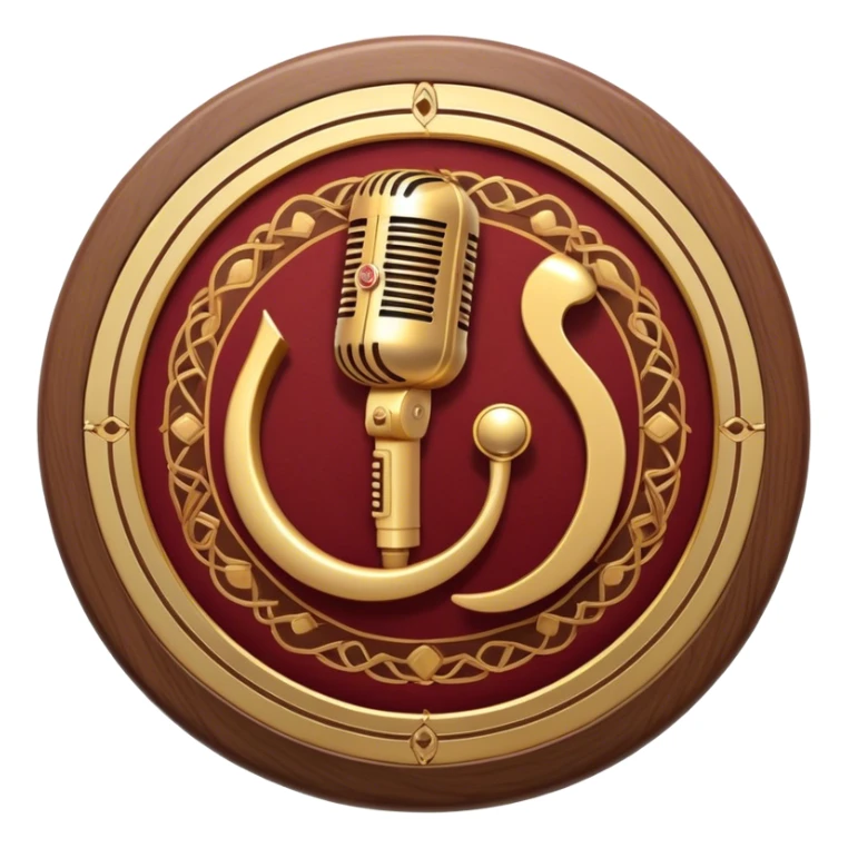 Create a warm and authentic humanless emoji representing folk singing. The design should feature a traditional folk microphone at the center, surrounded by classic instruments such as a bayan (button accordion), gusli (a traditional Russian zither), and a tambourine. Arrange these instruments in a harmonious, circular pattern to evoke a sense of folk music and community performance. Use natural, earthy colors like wood brown, deep red, and golden accents to reflect the rustic and heartfelt spirit of folk music. Add subtle musical notes to the background to convey the rhythm and harmony of the performance. The background should be transparent. sticker