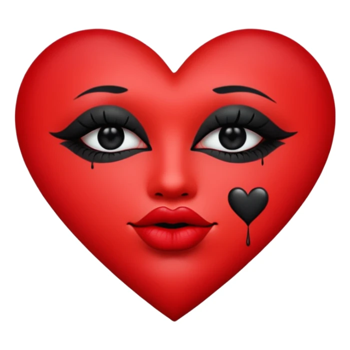 A solid red gradient heart, with three black lipstick kiss marks of different angles printed on it, retro matte texture, high contrast, clean edges, sticker style, romantic and sexy vibe, minimalist 2D illustration, no background
 sticker