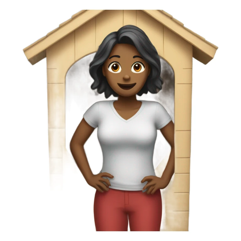 A female person standing in a dog house  sticker