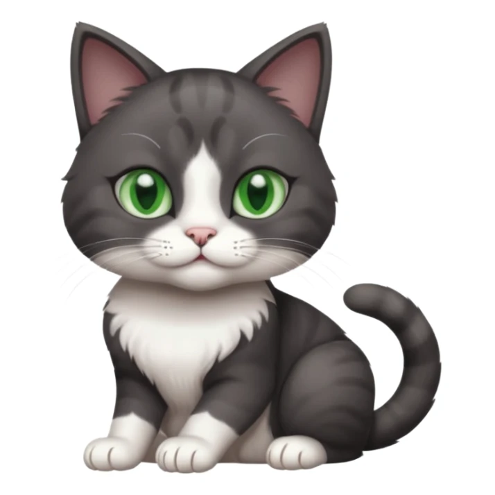 beautiful female solid dark grey cat with green eyes, white toes/paws and white patch on her chest playing sticker