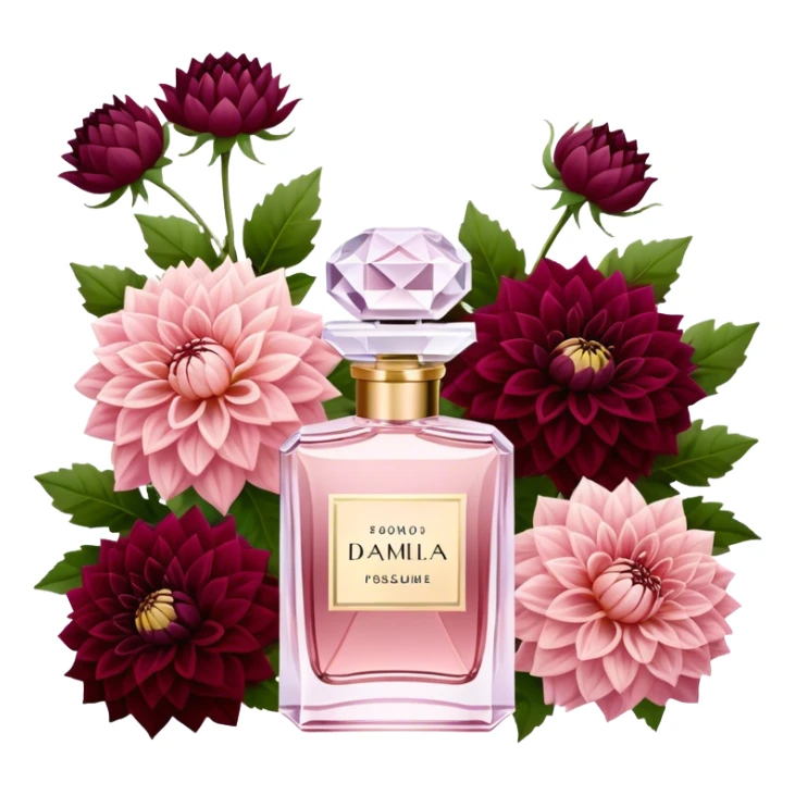 Aesthetic crystal perfume bottle in Pastel Rose with a subtle shimmer, placed next to a lavish bouquet of Crimson and Wine Red Dahlias, creating a harmonious and passionate composition. sticker