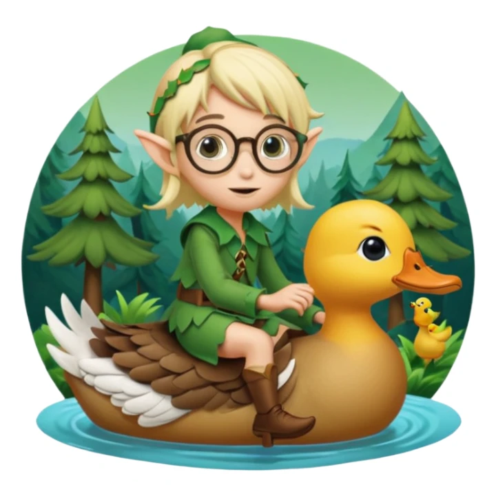 tiny forest elf blode hair with round glasses riding a wild duck sticker