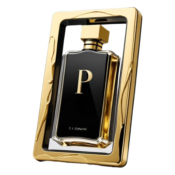 `Floating smartphone frame showing a rotating product video (e.g., perfume bottle) bleeding into metallic gold (#D4AF37) brushstrokes forming a "P" logo, obsidian black (#000000) phone frame, bold condensed font (e.g., Archivo Black), viral-ready aesthetic with painterly textures --style abstract --no cluttered details, text-heavy designs sticker