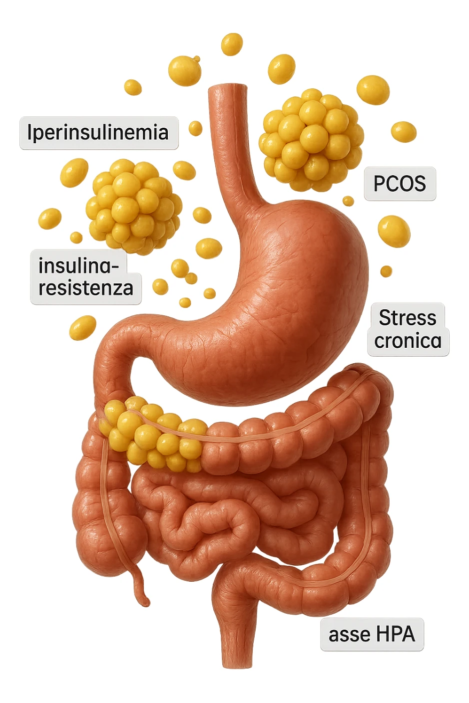 STOMACO E INTESTINO SONO VERTICALMENTE COLLEGATI E INTORNO A QUESTI ORGANI CI SONO CELLULE DI GRASSO GIALLE ATTACCATE SOPRA A GRAPPOLI, intorno fluttuano cellule di grasso giallo e alcune targhette con queste parole "Iperinsulinemia", "insulino-resistenza", "PCOS", "Stress cronico", "asse HPA", IPERREALISTICO 4K sticker