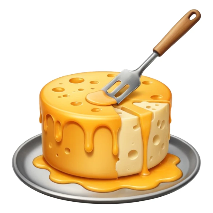 a half vertical  wheel of cheese being scraped with a metal spatula, melted cheese flowing, warm golden colors, modern emoji style, clean outlines, transparent background sticker