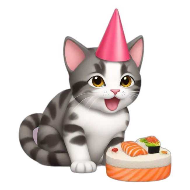 kitten eating sushi cake with a party hat on sticker