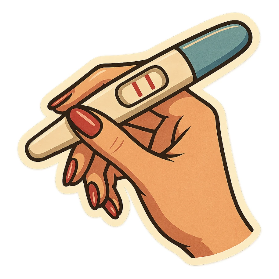 Positive pregnancy test with two lines, held in a neat feminine hand with manicure, pen style as in the second previous variant, retro stickers style, test with a blue line and two red lines, soft rounded shapes, expressive contours, vintage color palette, light paper texture, shadows and highlights, transparent background. sticker