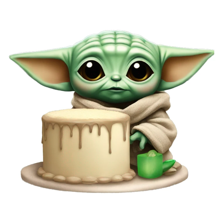 baby yoda with a cake and a balloon sticker