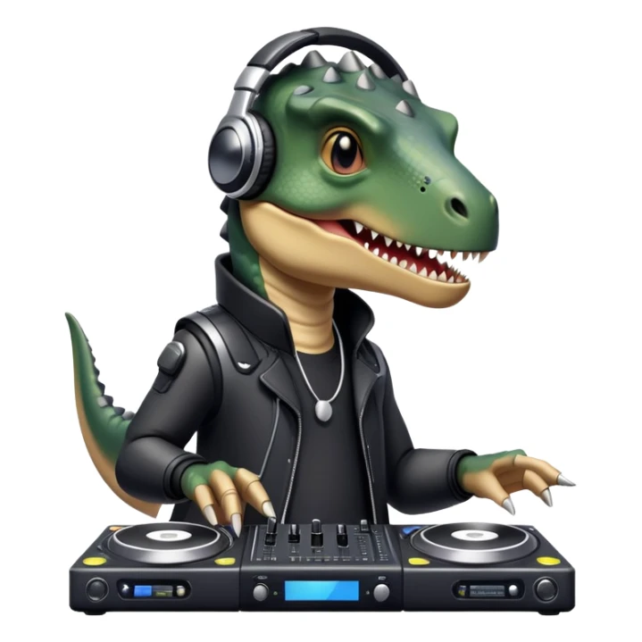 Dinosaurio muy tierno músico DJ con ropa negra futurista  sticker