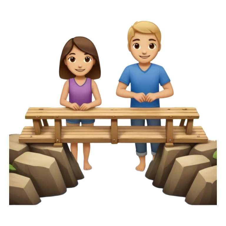 Two people working together on a small bridge, metaphor for building trust sticker