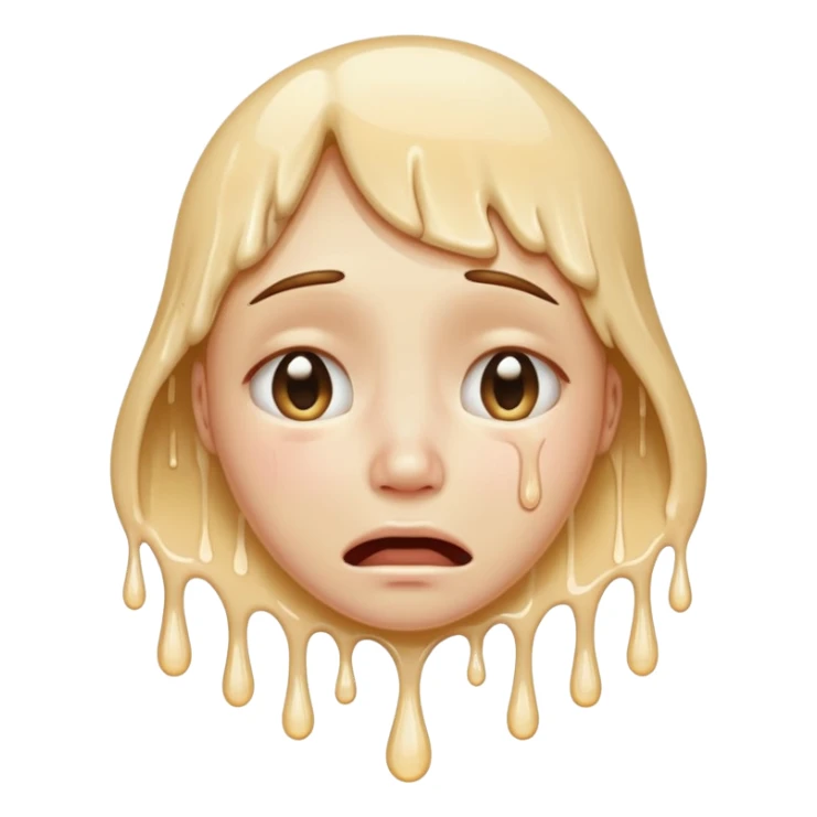 softly smiling crying face that appears to be melting downward, large glossy drip like emoji, combined with the smooth dissolving lower half similar to the melting face. ‘I’m okay :) but absolutely not okay’ sticker