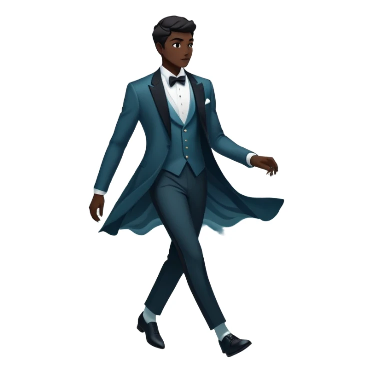 Ethereal male fashion silhouette with formal wear and subtle energy waves, floating style essence, masculine inspiration sticker