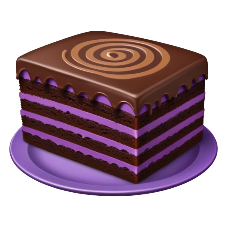 Purple plate with a rectangular piece of a simple chocolate cake sticker