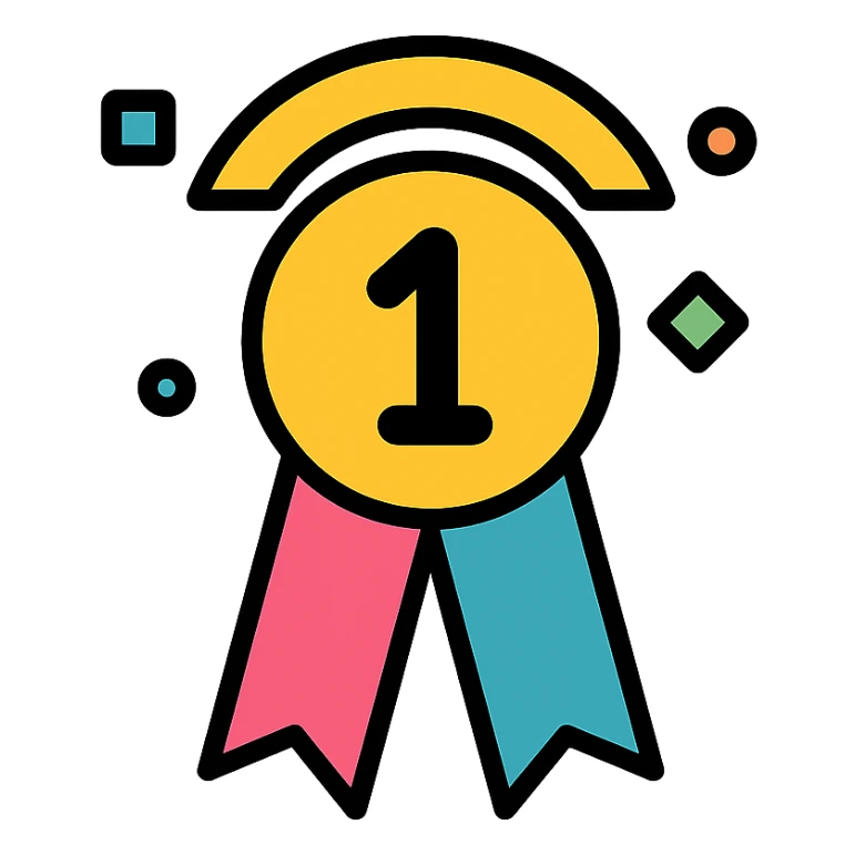 gold top category symbol with multicolor details, elegant minimalist flat design, award badge style, 2D flat vector, trending icon look, soft shadows, no text, isolated on white background, commercial use sticker