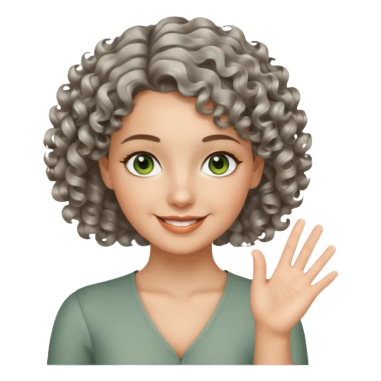 silver, short, wavy-haired with curls, smiling pretty lady, 2 fingers crossed on one hand, green/brown eyes sticker