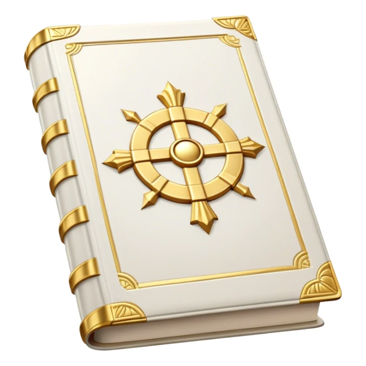 A white leather book with golden accents, smooth and polished, embossed with a symbol of six pillars columns,, radiating strength, confidence, and the power of self-worth.  sticker