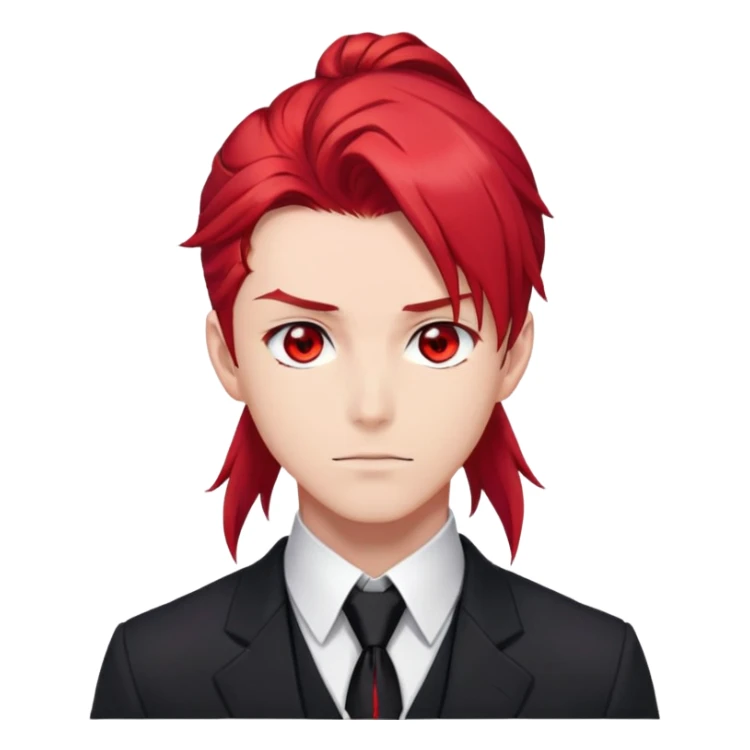 Handsome gorgeous anime man with bright-red hair, thick long ponytail, red eyes, black tie with a red gem, white shirt, black jacket, stone face sticker