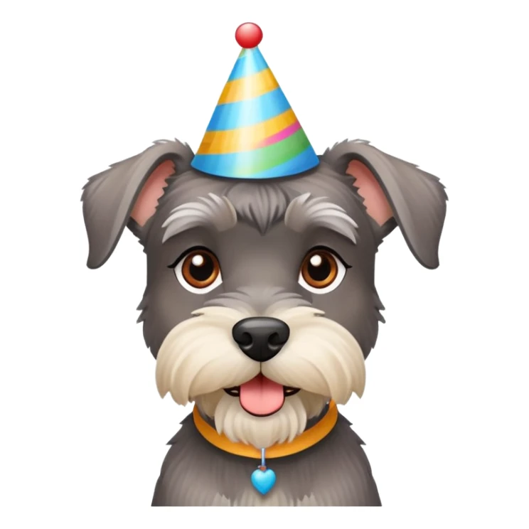 A schnauzer dog wearing a colorful birthday hat sticker