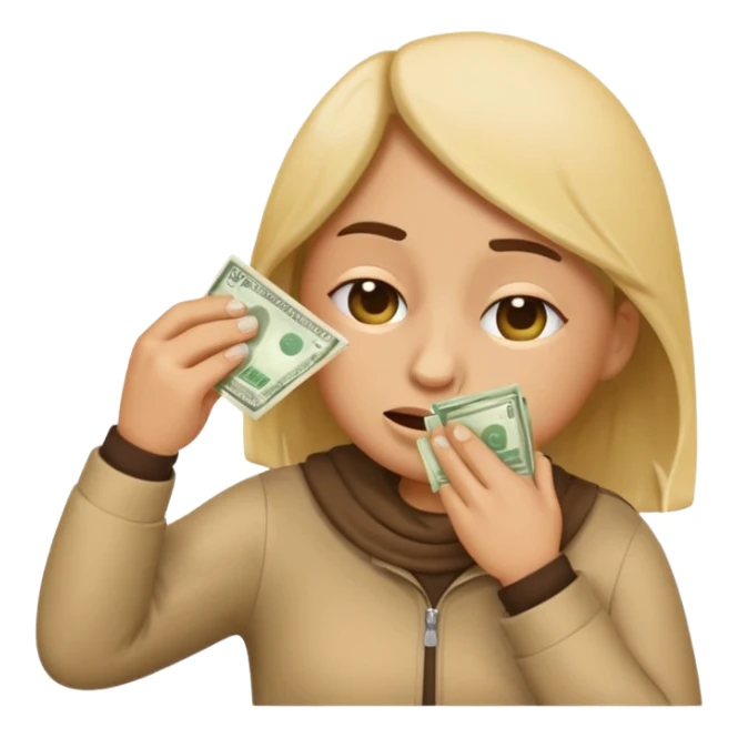 emoji character wiping its nose with a stack of money, expressive face sticker