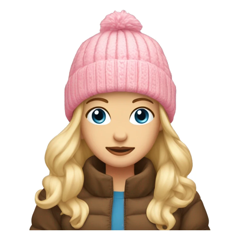 Blond girl blue eyes brown puffer jacket pink nitted beanie  sticker