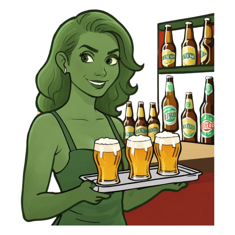 Female brunette bartender carrying a tray full of beers sticker