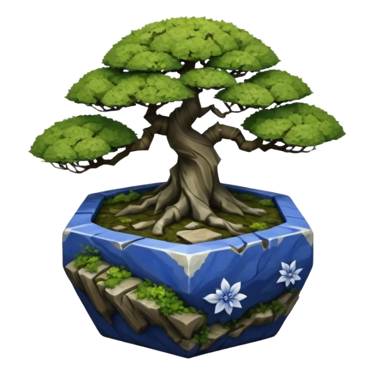 Japanese very old broken intricate Stone Age rocky-crusted dodecahedron-shaped shallow dark moss rough bark blue willow flower maple tree bonsai pot sticker