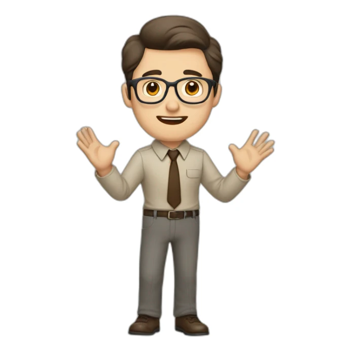 To belt Actively gesturing with hands Pale skinned fit man teacher with dark brown hair in gray jacket, beige office shirt, brown tie, brown pants and vintage glasses. sticker