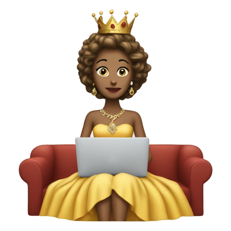 queen seating looking forward on a mac laptop and show her dress sticker