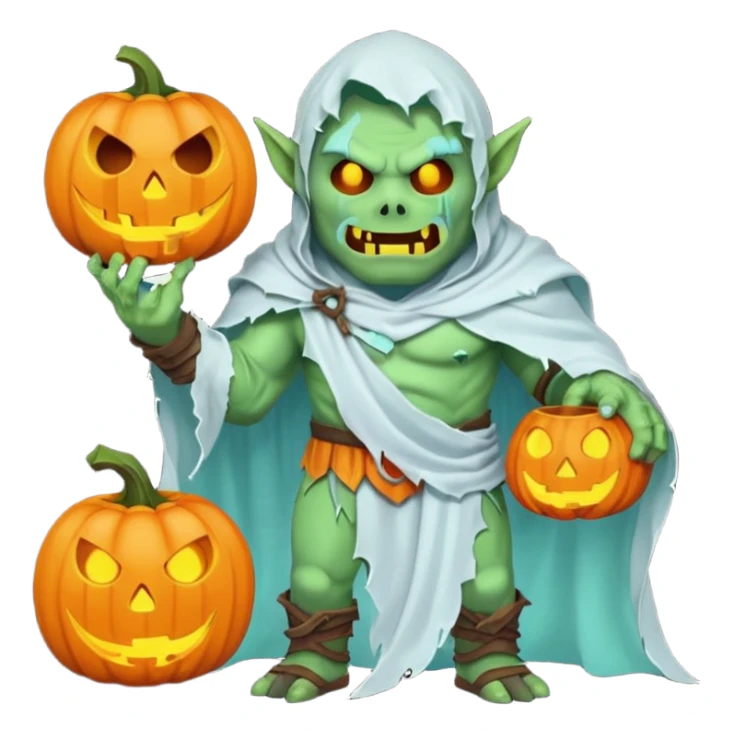 male orc warrior ghost emoji, green skin, tusks, wearing torn white ghost sheet costume, holding glowing jack-o'-lantern, faint blue aura, friendly but spooky expression, Halloween fantasy theme, Apple emoji style, clean white background, square sticker