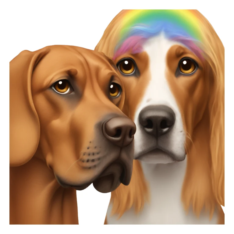 white male with long rainbow colored hair alongside a brown rhodesian ridgeback sticker