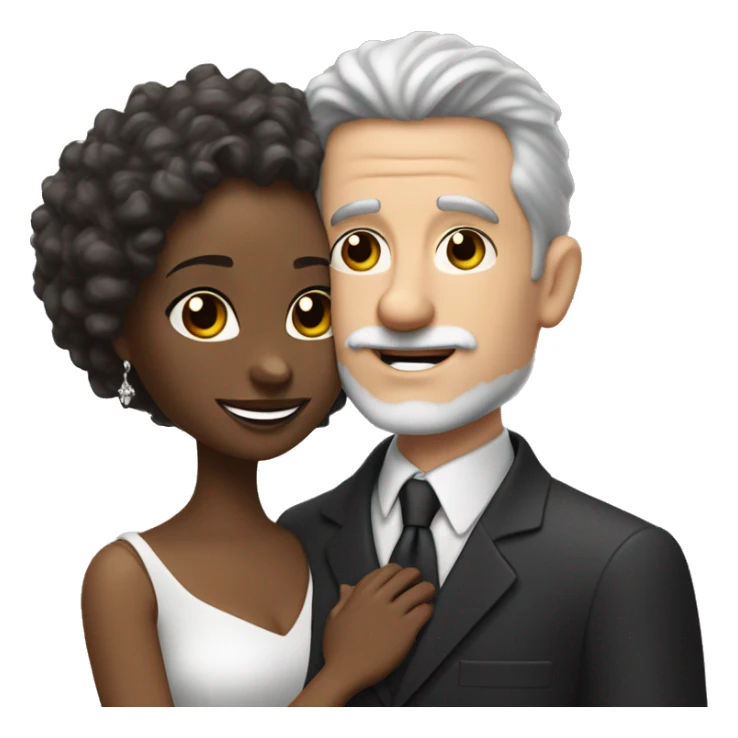 A pale white man with grey hair and with a goatee has just married, with a black woman with neck length curly 
brown hair and a brown complexion. They have a lot of money. they are hugged sticker