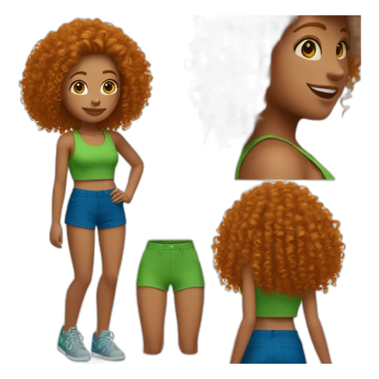 Curly Ginger woman, green crop top, blue shorts sticker