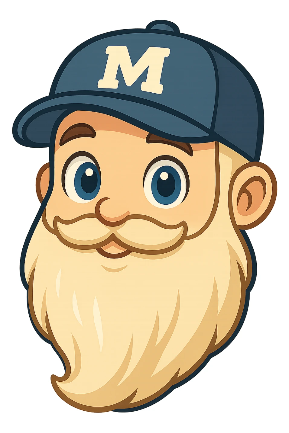 Edit the emoji to have blue eyes, keep the baseball cap with the letter M, long beard, in YouTube chat emoji style with transparent background. sticker