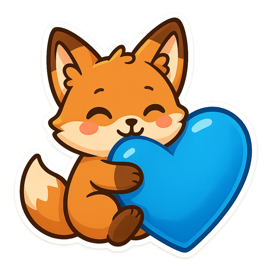 a fox hugging a stunning blue heart, vibrant and cute sticker