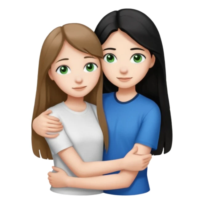 una ragazza dall‘ età di 19 anni con capelli castani chiaro lunghi e lisci ,  occhi blu  ,  e una ragazza di 17 anni capelli neri occhi verdi che si abbracciano e con una maglia bianca o nera  sticker