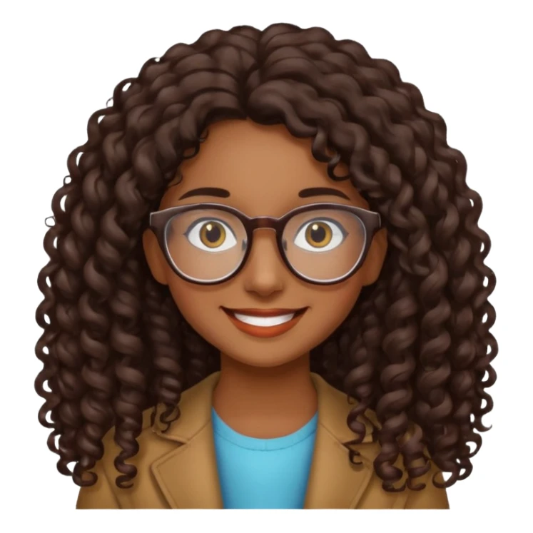 Chica con cabello rizado largo color cafe oscuro ,piel morena que use lentes. sticker