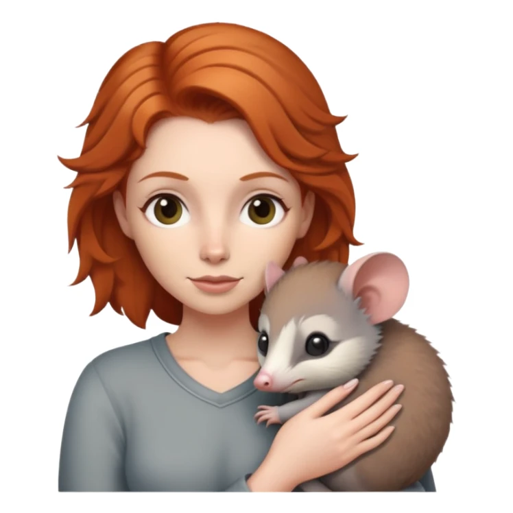 Ginger haired woman holding gray possum sticker