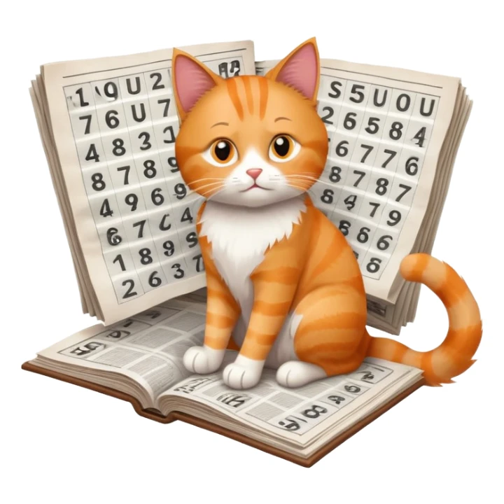 cat solving sudoku puzzles in a newspaper, concentrating on numbers, puzzle-solving cat with newspaper sticker