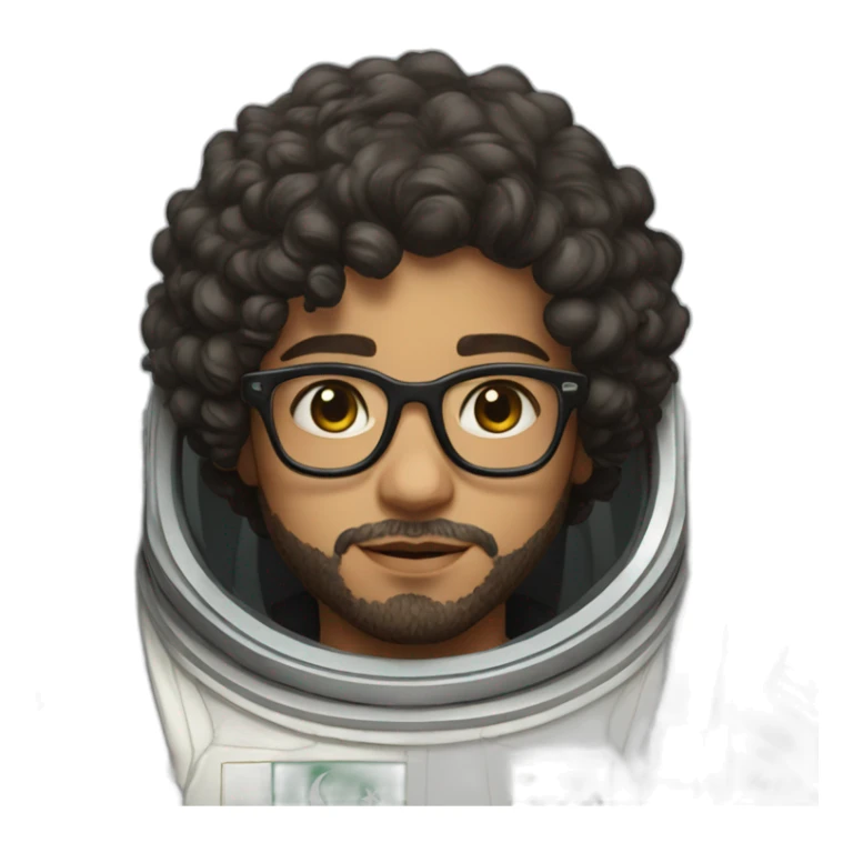 Light skinned Boy with black short curly hear and beard and glasses wearing a white astronaut suit with the saudi flag behind him sticker