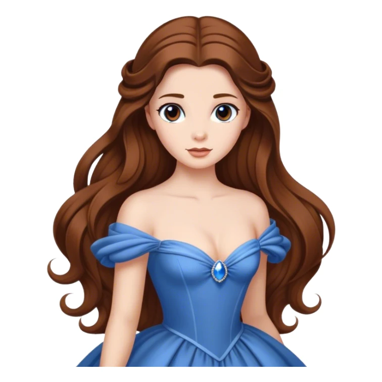 Cinematic Elegant Belle Portrait Emoji, rendered in a realistic, vector-style with minimal shading and bold, simplified shapes. Depict Belle (chest and above) with fair, luminous skin, deep brown expressive eyes, and long, flowing chestnut hair styled elegantly, wearing her classic blue ball gown. The image glows with a soft, warm radiance and high shine, capturing timeless refined beauty. sticker