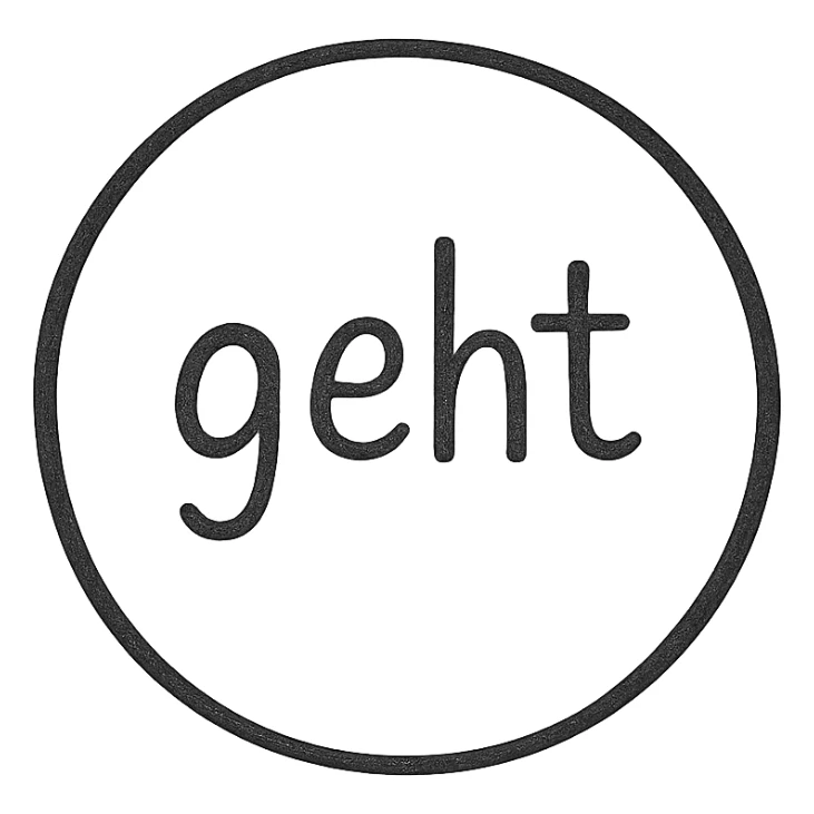 circle with the word 'geht' in the center, minimalist, thin lines, black text on white background sticker