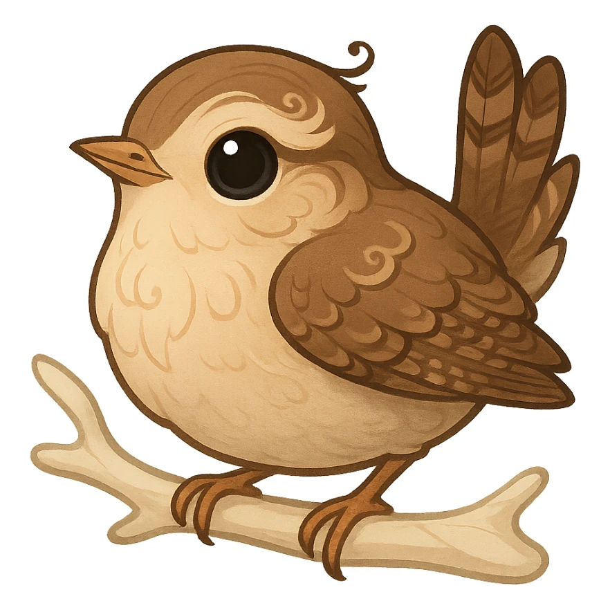 whimsical wren bird perched on a pale alabaster branch, elegant fantasy-inspired details, emoji style sticker