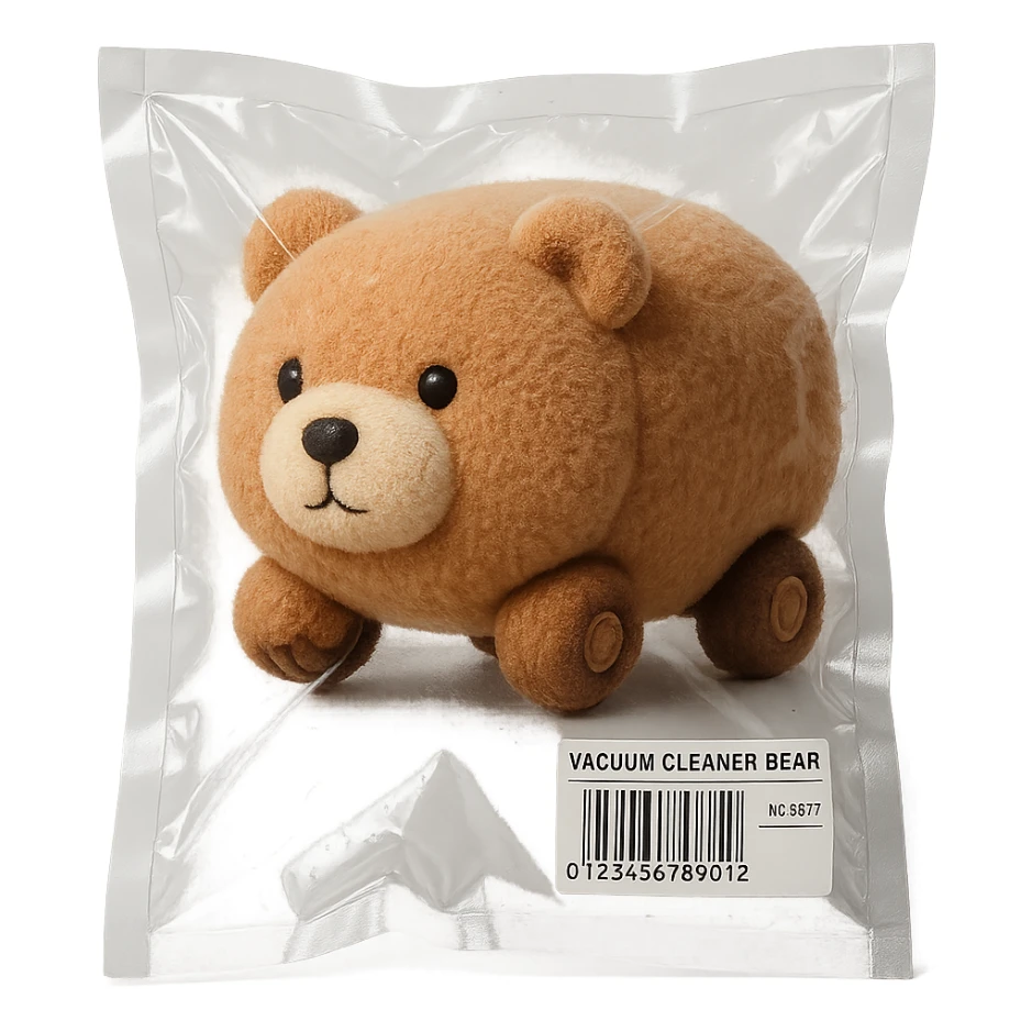 fluffy vacuum cleaner bear rolling adorably with tiny paw wheels, soft brown pastel, full-body sticker