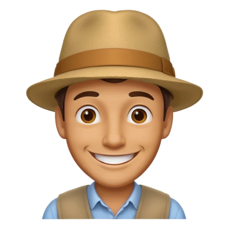 30s male wearing hat, big smile sticker